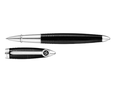 S.T. Dupont Streamline Fountain Pen inspired by the industrial streamline movement with black lacquer and palladium finish.