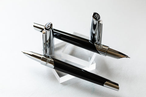 S.T. Dupont Defi Millennium fountain and rollerball pens in black lacquer with palladium finishes