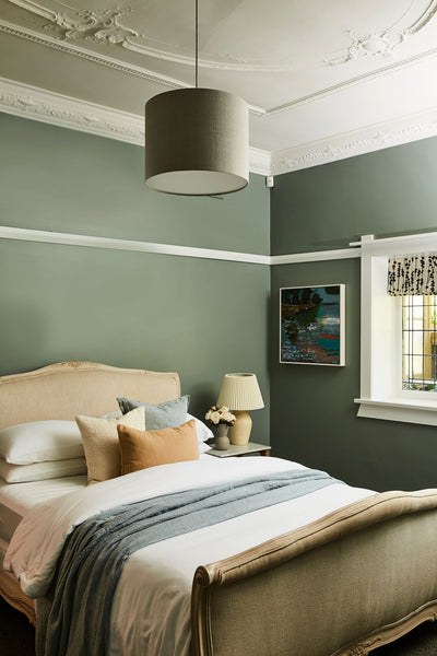 Luxury Master Bedroom with custom bedhead in Sydney home interior design Annie Bowen
