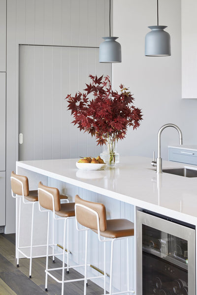 Modern Kitchen with leather barstools interior design Annie Bowen Sydney Home
