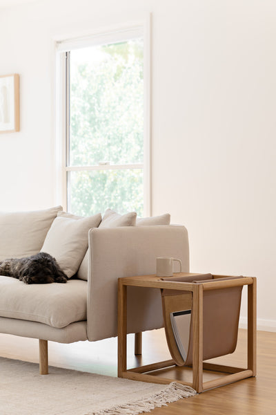 Atley.co Leather and Timber Oak Magazine Rack Side Table Furniture Living room inspo made in melbourne