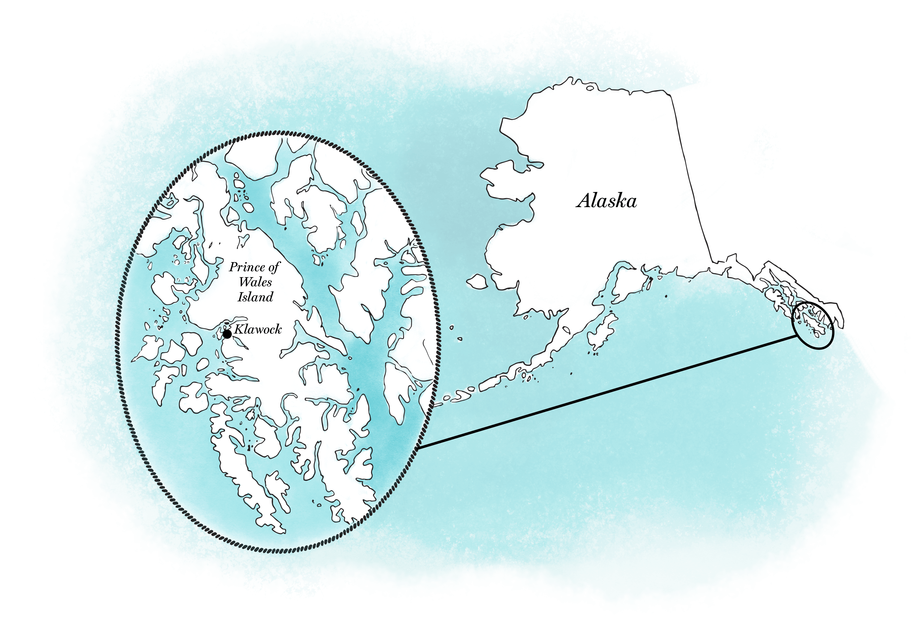 Map of Alaska with focus on Klawock on Prince of Wales Island