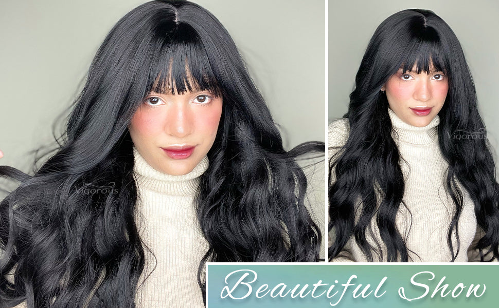 Black Wig with Bangs Synthetic Long Black Wigs for Women Natural Wigs with Bangs