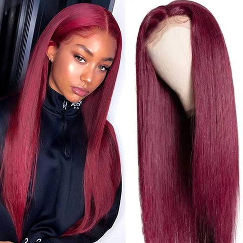 WIGMFG Burgundy Straight 13x4 Lace Front Human Hair Wig for Black Women Brazilian Remy Hair Red Human Hair Wig Pre Plucked with Baby Hair 99J Color