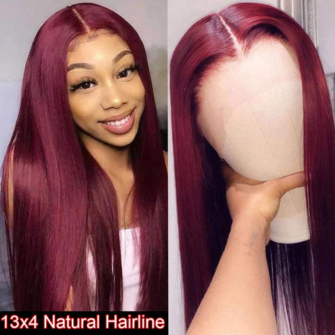 WIGMFG Burgundy Straight 13x4 Lace Front Human Hair Wig for Black Women Brazilian Remy Hair Red Human Hair Wig Pre Plucked with Baby Hair 99J Color