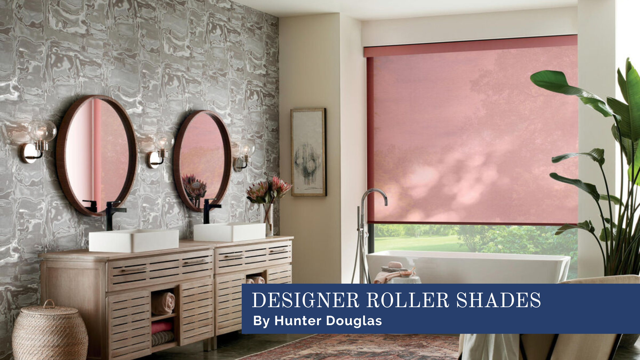 Pink Hunter Douglas roller shades in a bathroom. Shop Hunter Douglas at JC Licht in Chicago and the Chicagoland area.