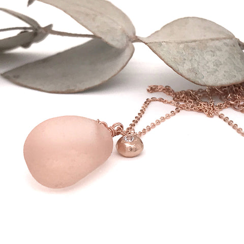 rare pink sea glass pendant on rose gold chain with rose gold pebble gem set with white sapphire kriket broadhurst unique jewellery Sydney