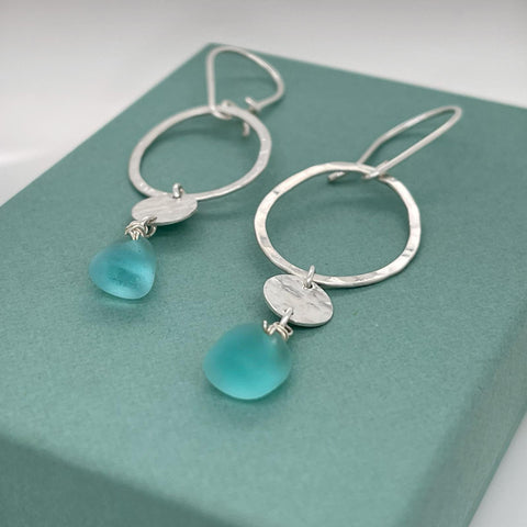 aqua seaglass and sterling silver earrings with organic circles and discs kriket broadhurst jewellery