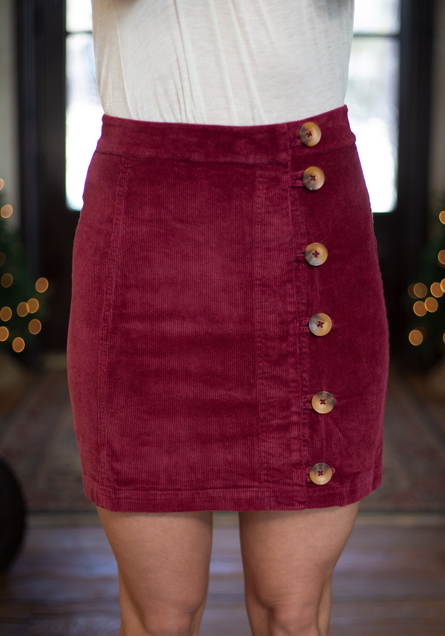 maroon button down skirt