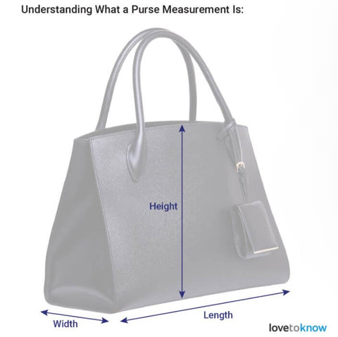 Handbag measurements are written as Length (L) x Height (H) x Width (W).