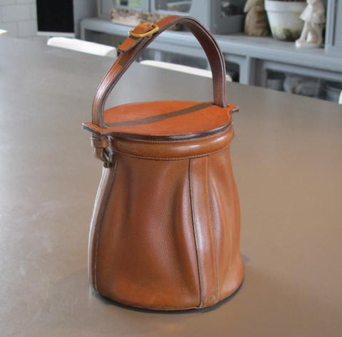 Hermes Vintage Cognac Leather Canvas Bucket Drawstring Carryall