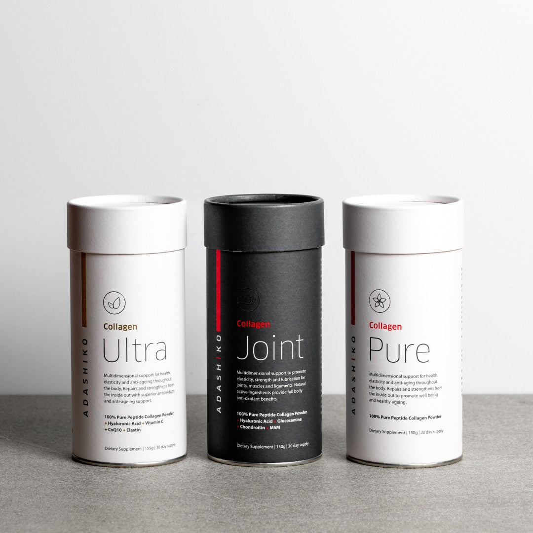 Three tubs of Adashiko Collagen Powder - Ultra, Joint, Pure - side by side | Adashiko Collagen \ 100% Natural Skincare