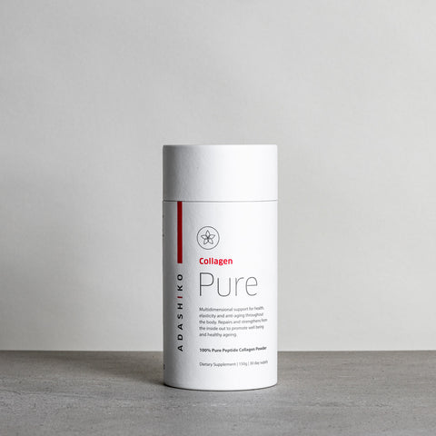 Tub of Pure Collagen Powder sitting on benchtop | Adashiko Collagen | 100% Natural Skincare
