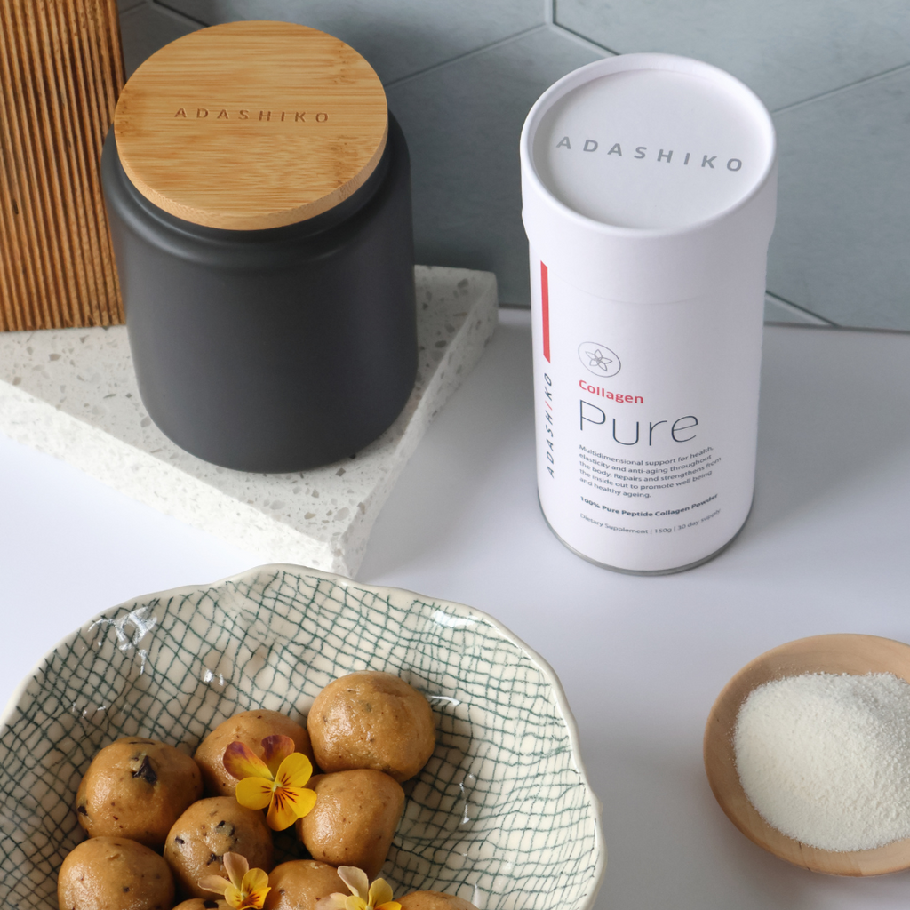Collagen Cookie Dough Bites on a plate next to a tub of Pure Collagen Powder + Reusable Stoneware Collagen Canister | Adashiko Collagen | 100% Natural Skincare