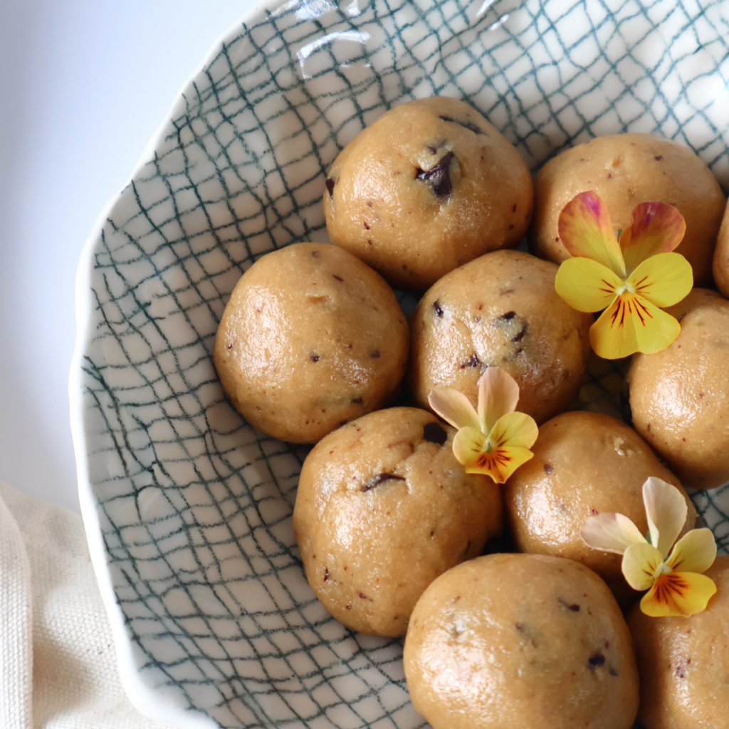 A plate of Collagen Cookie Dough Bites | Adashiko Collagen | 100 Natural Skincare