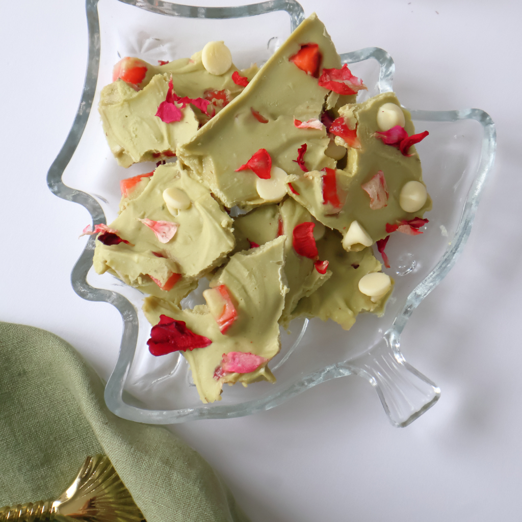 White Chocolate + Matcha Christmas Collagen Bark in a Christmas Tree shaped plate | Adashiko Collagen | 100% Natural Skincare