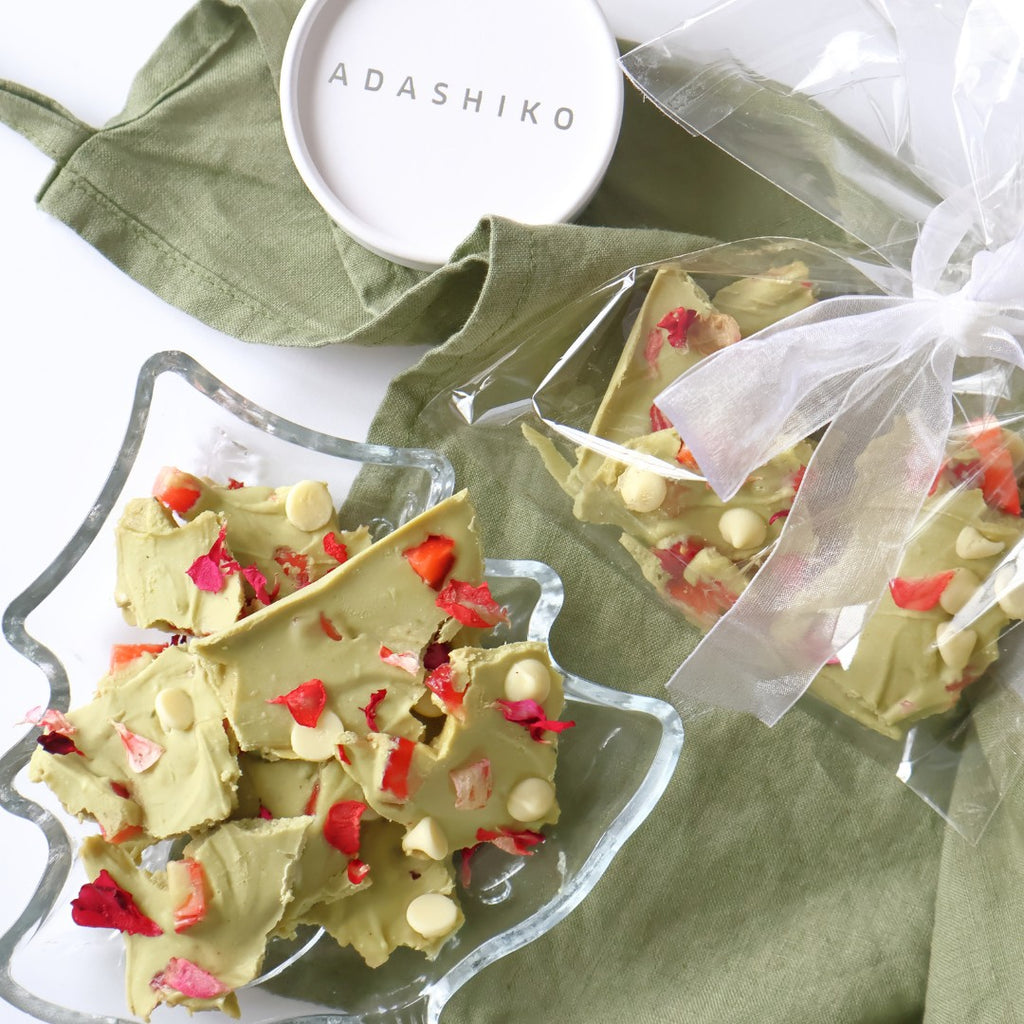 White Chocolate + Matcha Christmas Collagen Bark in bowl on table | Adashiko Collagen | 100% Natural Skincare