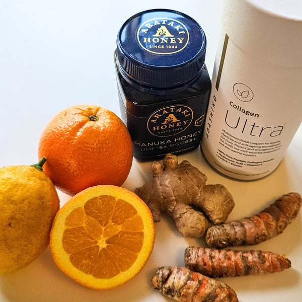 Tub of Adashiko Collagen Ultra next to Tumeric Tonic Recipe Ingredients | Adashiko Collagen | 100% Natural Skincare