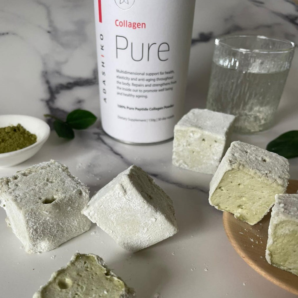 Pure Collagen Tub alongside Collagen Matcha Marshmallows on kitchen benchtop | Adashiko Collagen | 100% Natural Skincare