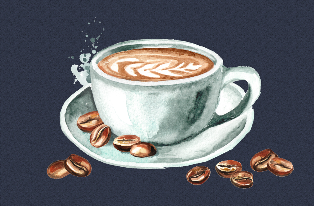 Drawing of a coffee with a feather latte art.