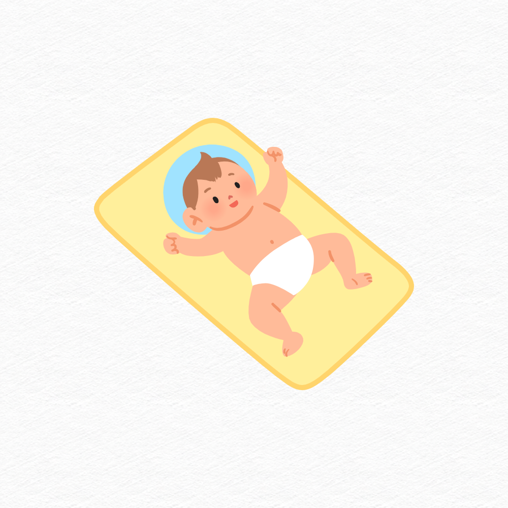 Drawing of a smiling, happy baby lying down with his arms up.