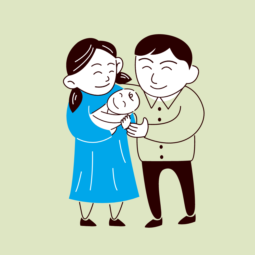 Drawing of a smiling mother and father holding their swaddled baby between them. The mother is wearing a long blue dress and the father - black pants.