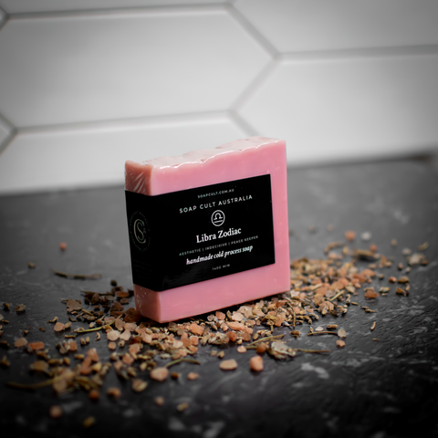 pink libra soap in bathroom with ingredients