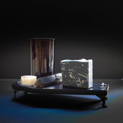 styled coffin tray with soap glass