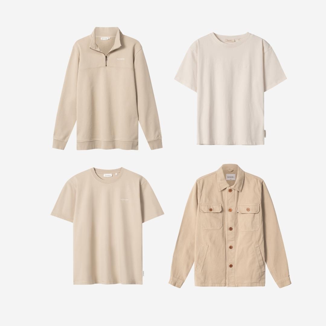 Sommer Outfit Neutrals in Beige und Grau T-Shirts Longsleeves und Jacken produziert in Portugal