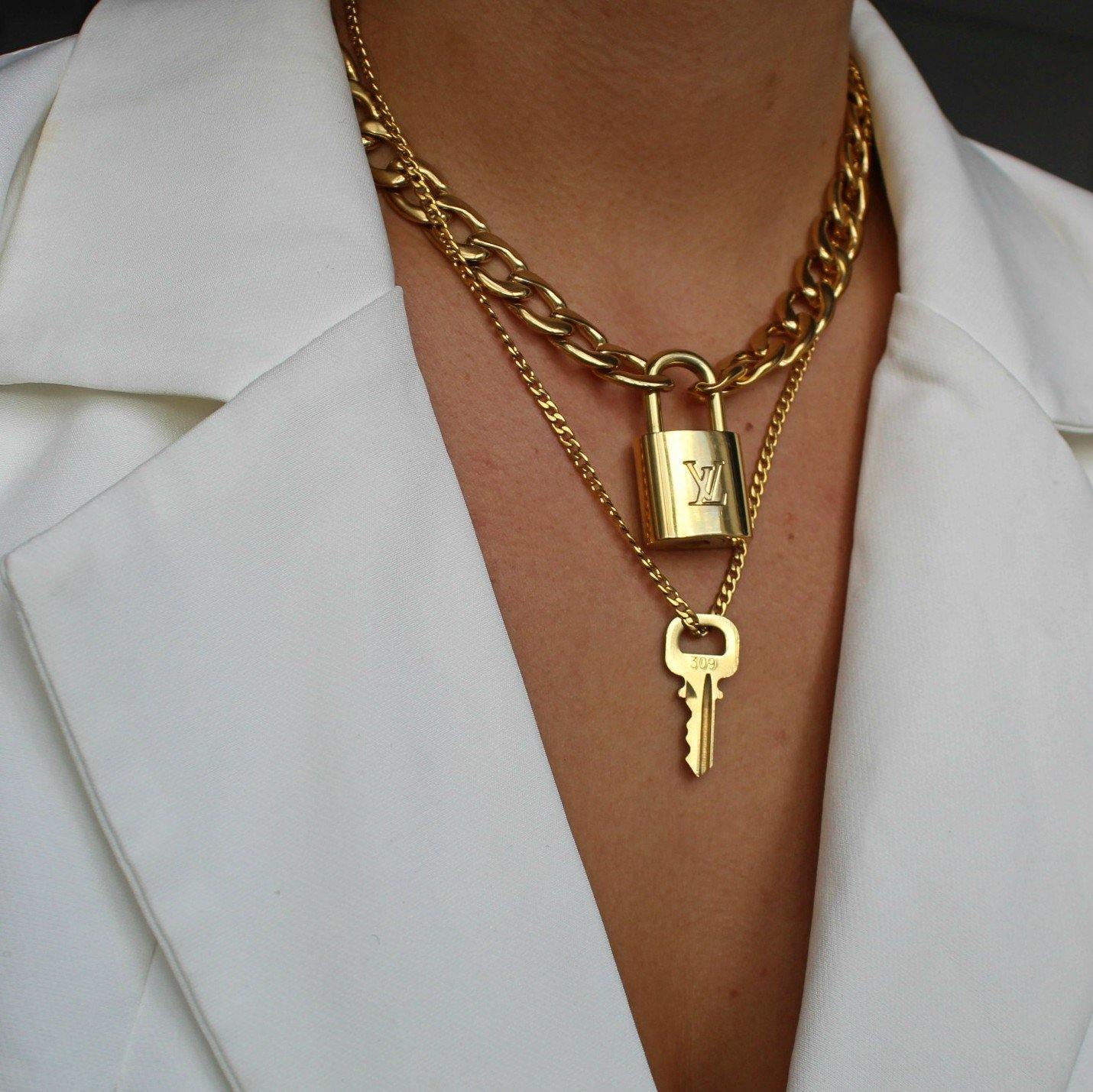 Repurposed vintage brass Louis Vuitton padlock 311 with layered style  necklace chains  Since Vintage