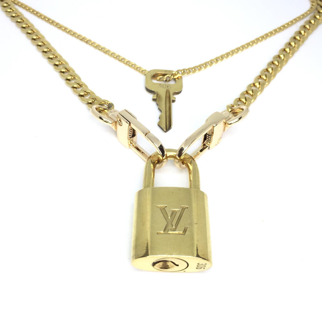 Louis Vuitton Lock Necklace, Gold Tone 30 Inch Curb Chain