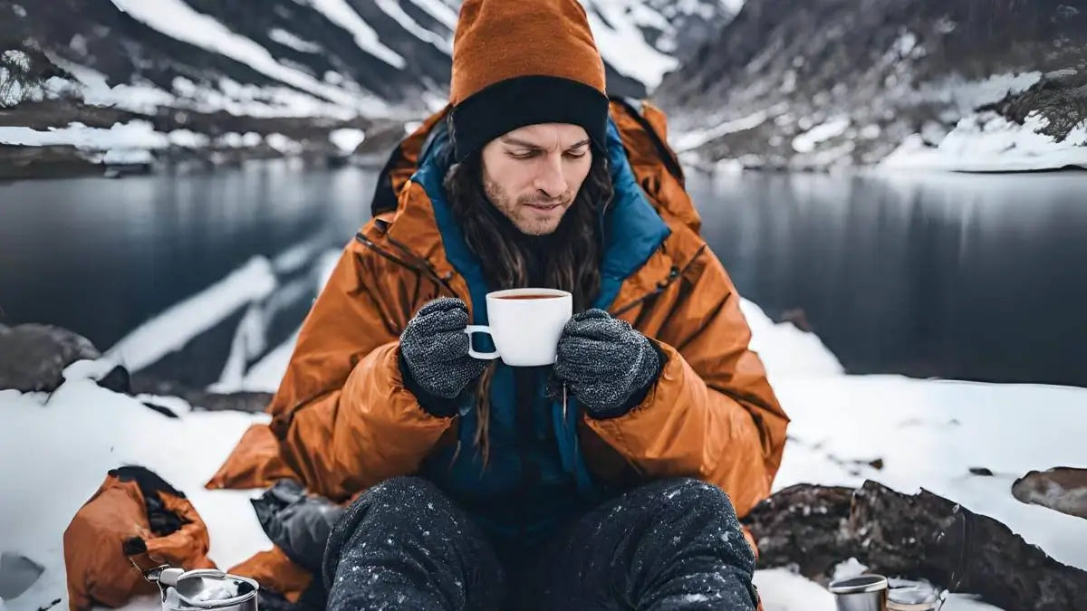 man sitting & drinking coffee in the snow