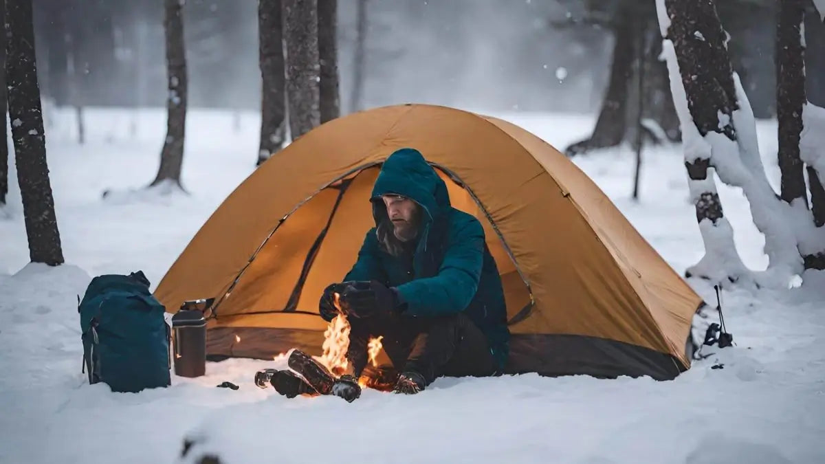 man surviving winter cold in an orange tent