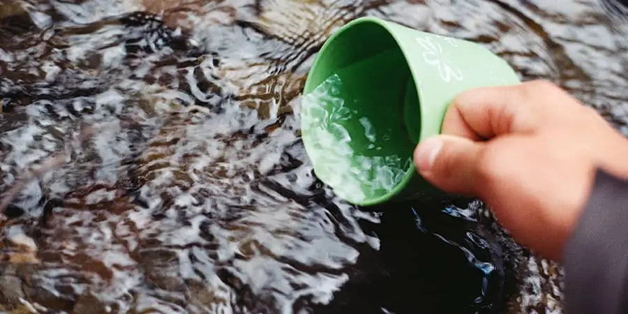 Scooping up water within a cup in the river