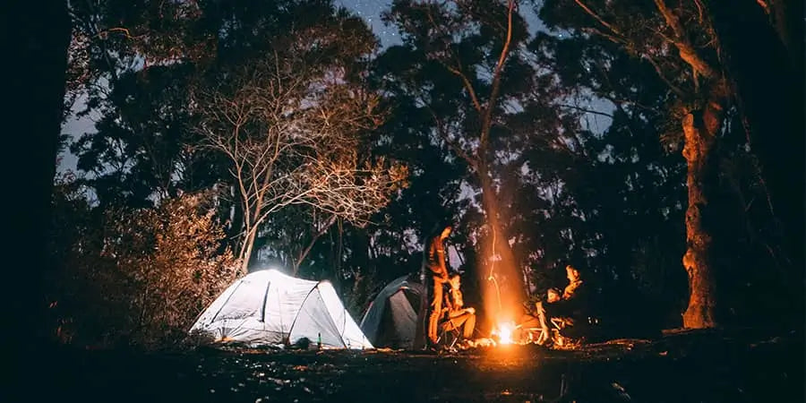 group of campers standing around a night time campfire.