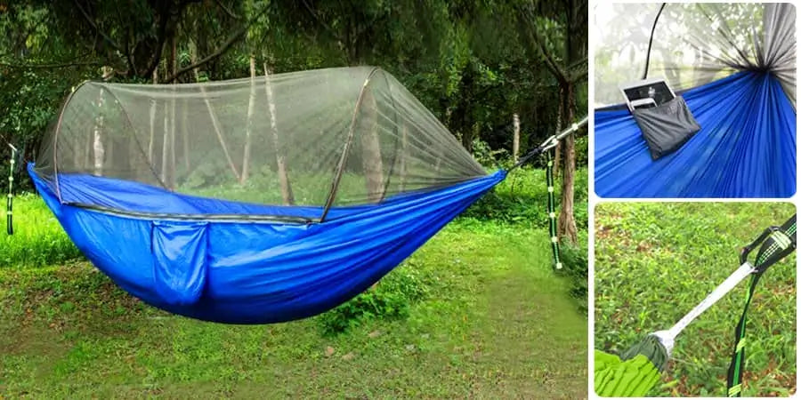 Ayamaya bug net hammock in forest tied to trees