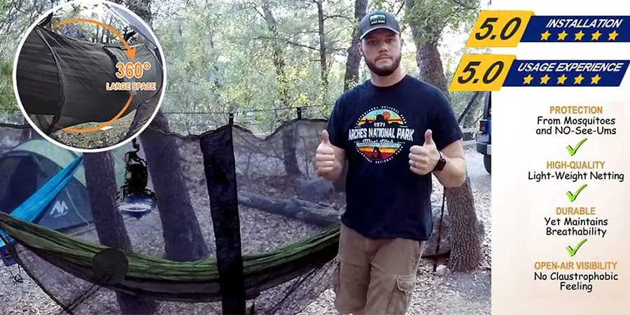 Man reviewing Ayamaya bug net hammock