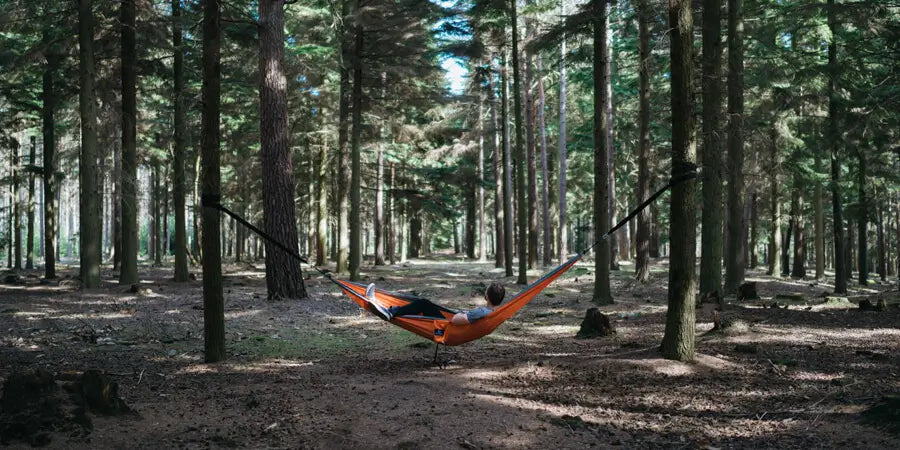 man in hammock in the middle of the woods