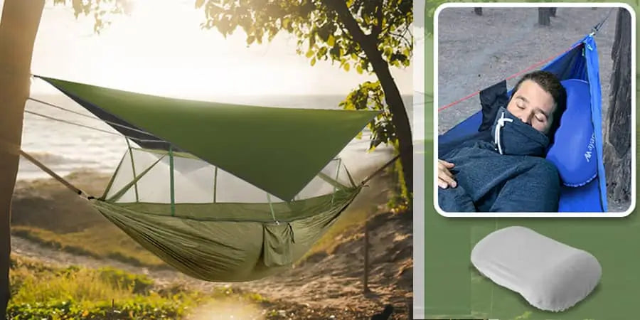 Ayamaya but net hammock with sun shade on hill overlooking ocean