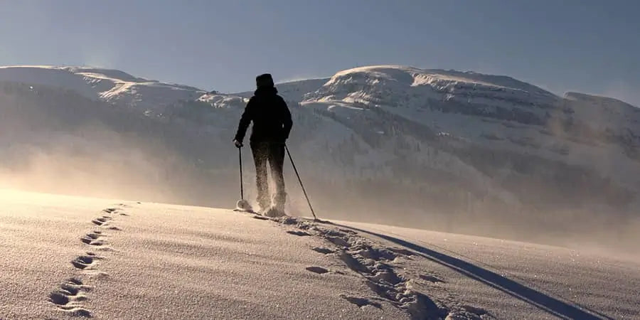 Person hiking across a snowy tundra with trekking poles
