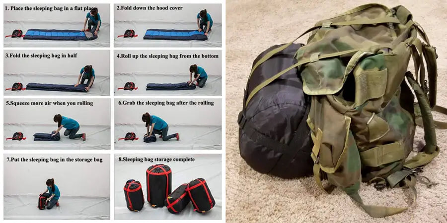 info graphic depicting how to store a sleeping bag