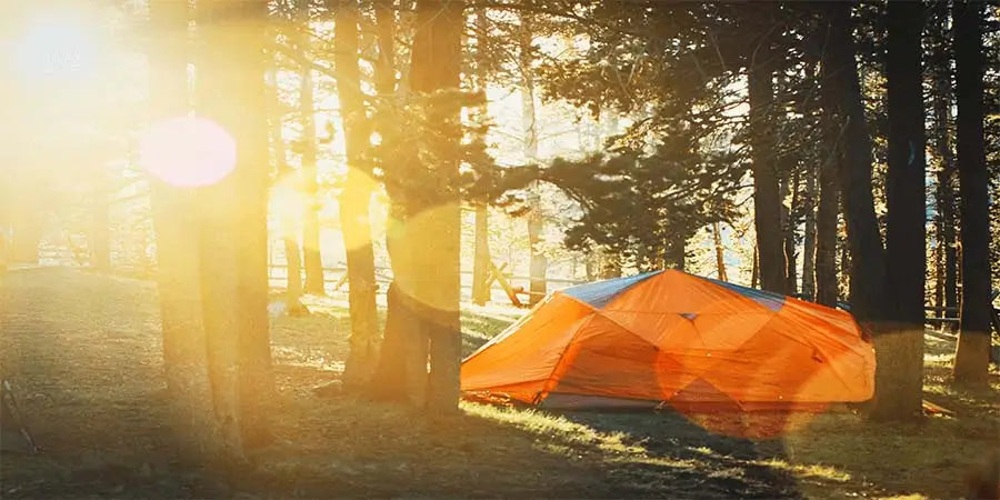 Sun hitting an orange tent in the forest