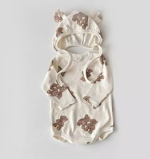 Cute Bear Print Onesie & Hat Set