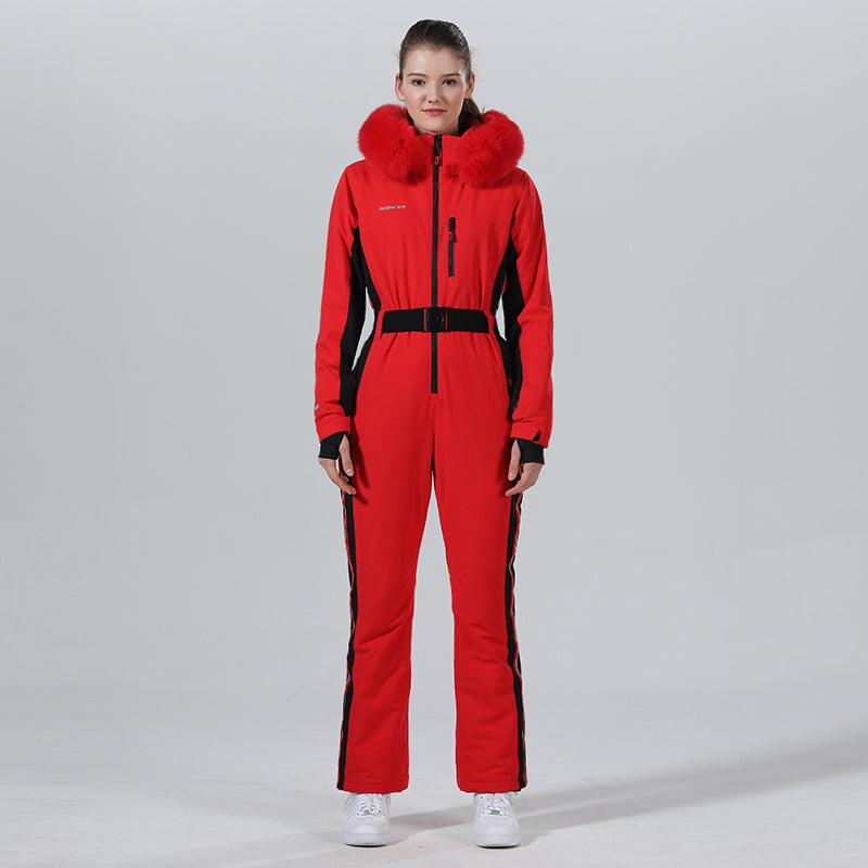 Womens Winter Chic Fur Hood One Piece Ski Jumpsuit Overall Ski Suit ...
