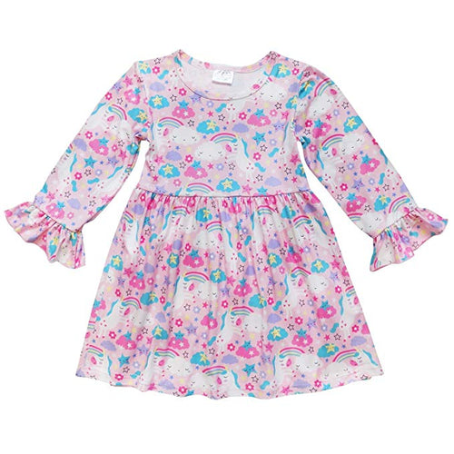 Flare Ruffle Dress - Pink Rainbows and Unicorns