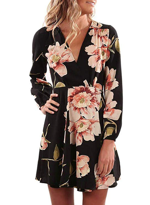 Women's Long Sleeve Floral Short Dress