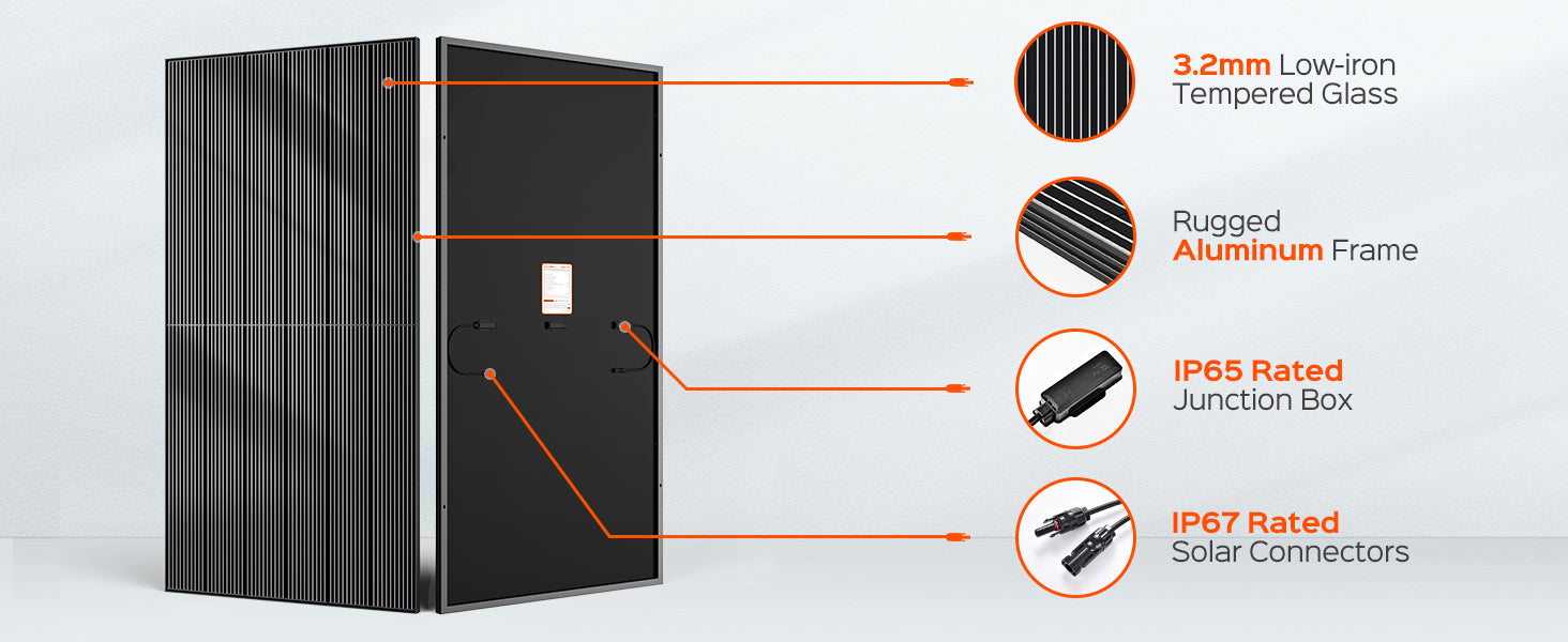 3.2mm Low-iron Tempered Glass Rugged Aluminum Frame IP65 Rated Junction Box IP67 Rated Solar Connectors