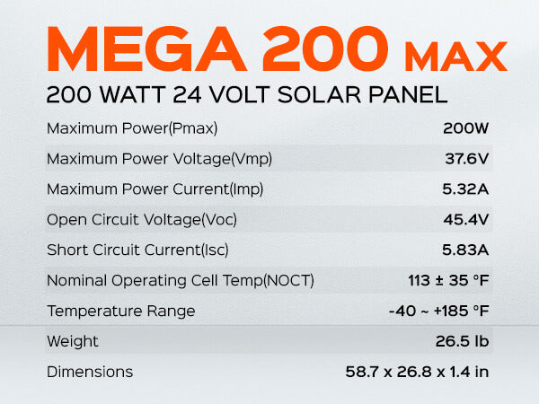 Mega 200 Watt 24 Volt Solar Panel Specs