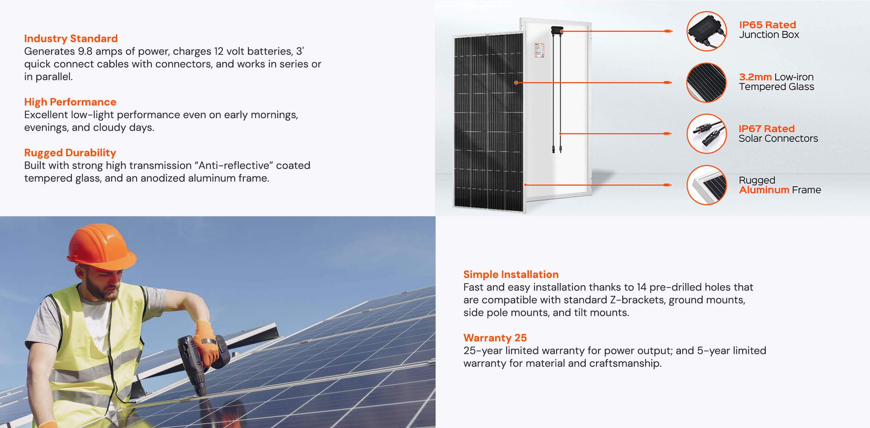 Mega 200 Watt 12 Volt Offgrid Solar Panel Features