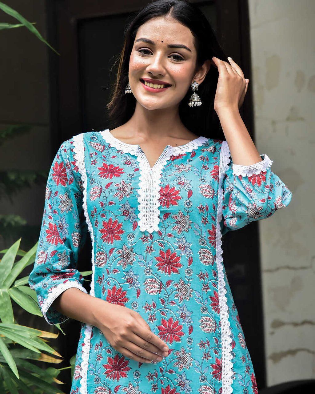 BLUE & PINK COTTON KURTA WITH LACE – Gulabi Dori